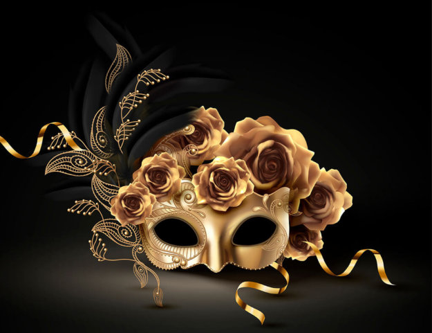 Golden carnival mask Golden carnival mask with roses and feathers in 3d illustration