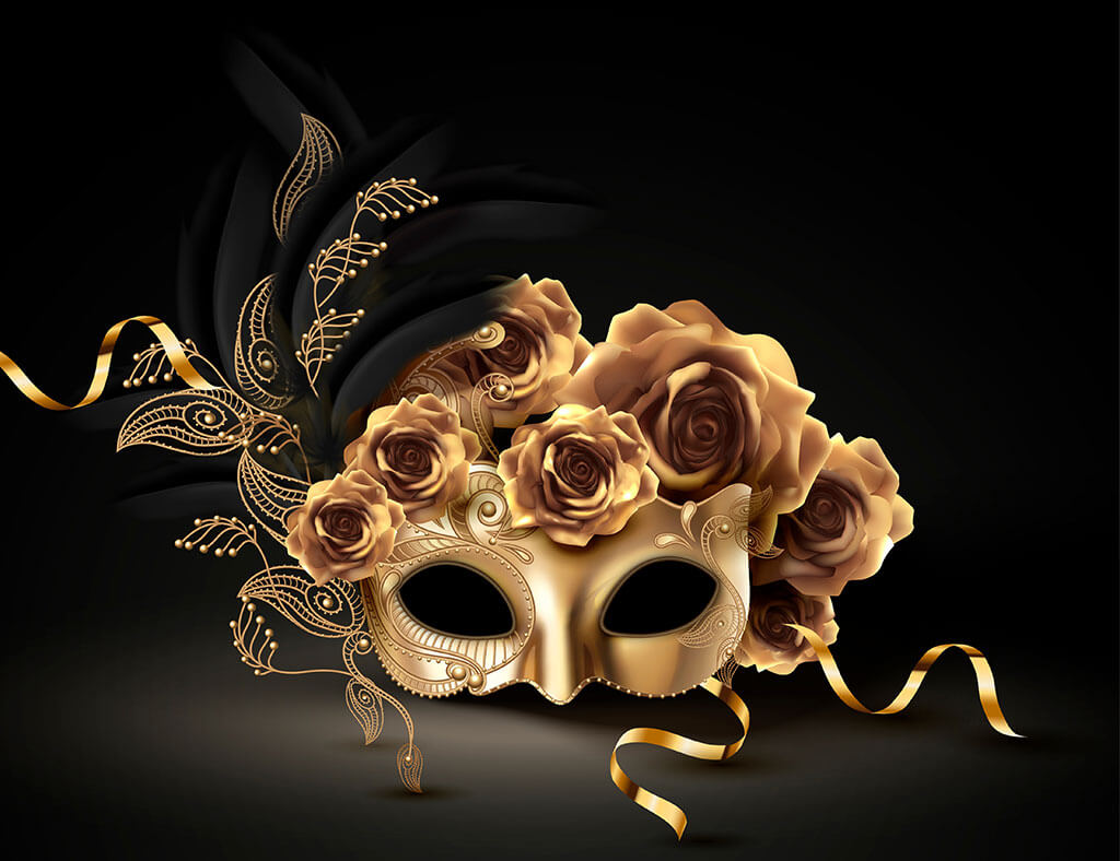 Golden carnival mask with roses and feathers in 3d illustration