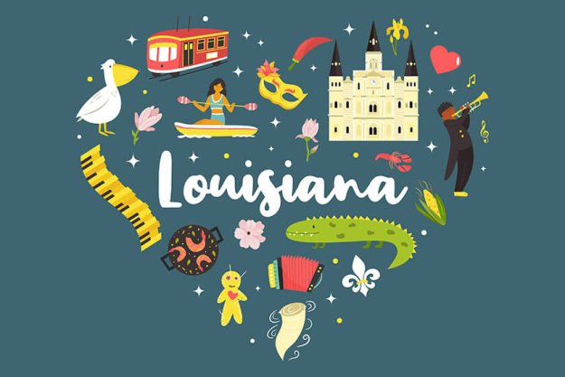 Louisiana poster with symbols and elements