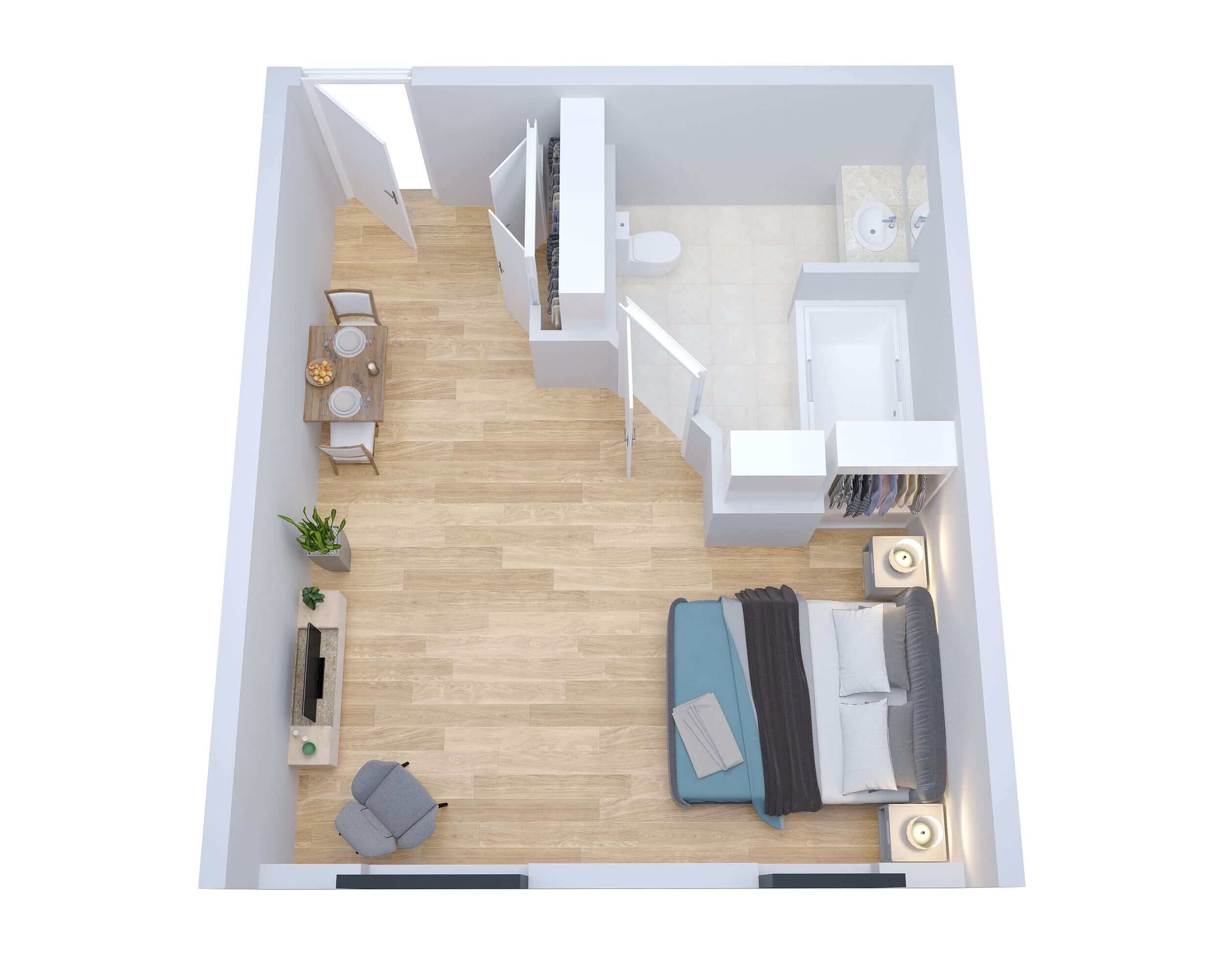 Riverside Suite One Bathroom 400Sq.Ft - senior living floor plan