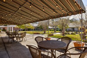 A row of chairs provided for senior living residents in the front yard of SummerHouse Bay Cove apartments