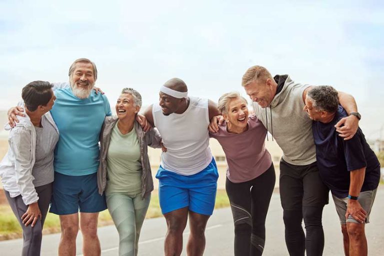 Fitness, senior group of people and smile outdoor together for exercise