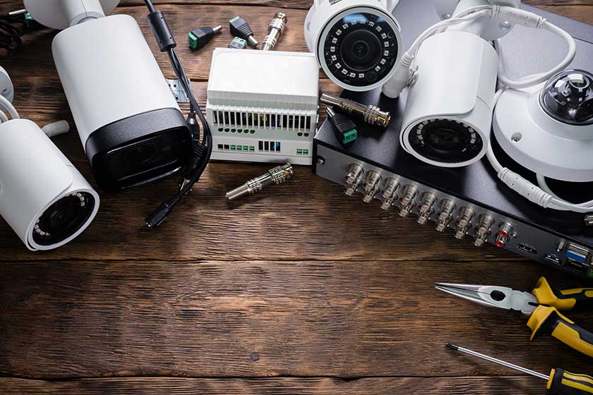 Modern white security cameras on the table background Modern white security cameras on the table background