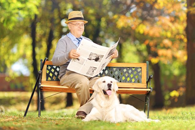 Senior man reading a newspaper with dog