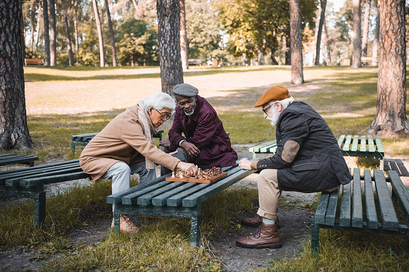 Multicultural Senior Men Playing Chess Park