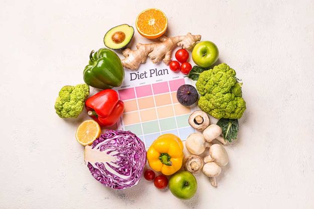 Sheet of paper with diet plan and healthy products Sheet of paper with diet plan and healthy products
