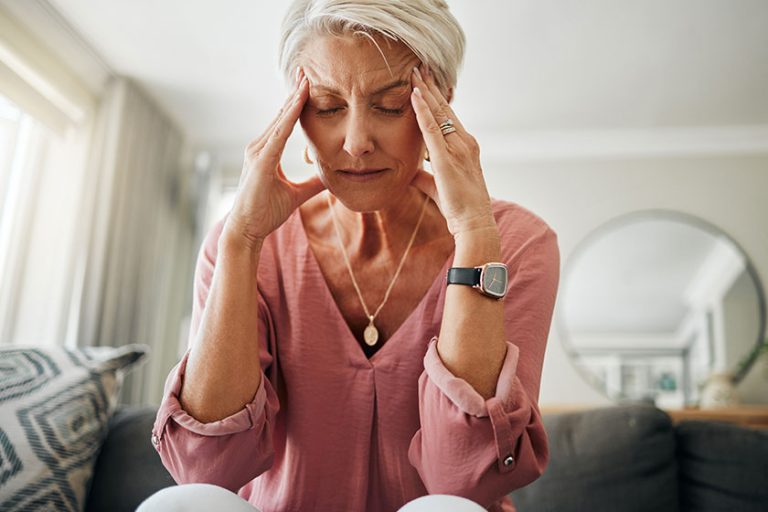 headache pain anxiety senior woman thinking mental health problem living