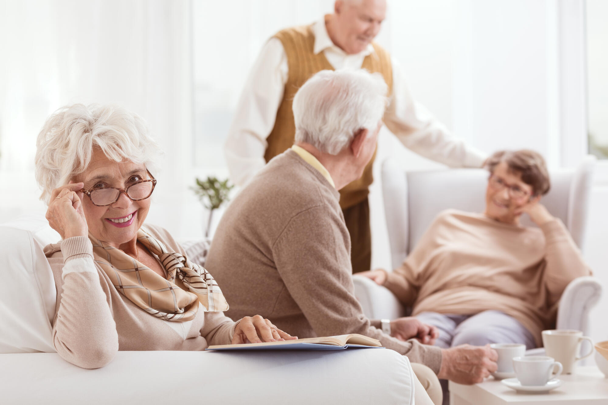 Smiling,Grandmother,Reads,Book,In,Brown,Glasses,During,Meeting Smiling,Grandmother,Reads,Book,In,Brown,Glasses,During,Meeting