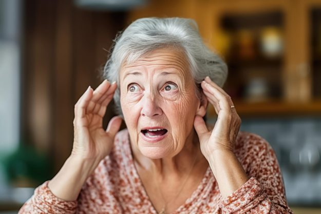 Addressing Hearing Problems: Gray Haired Elderly Woman Seeking Solutions Generative AI