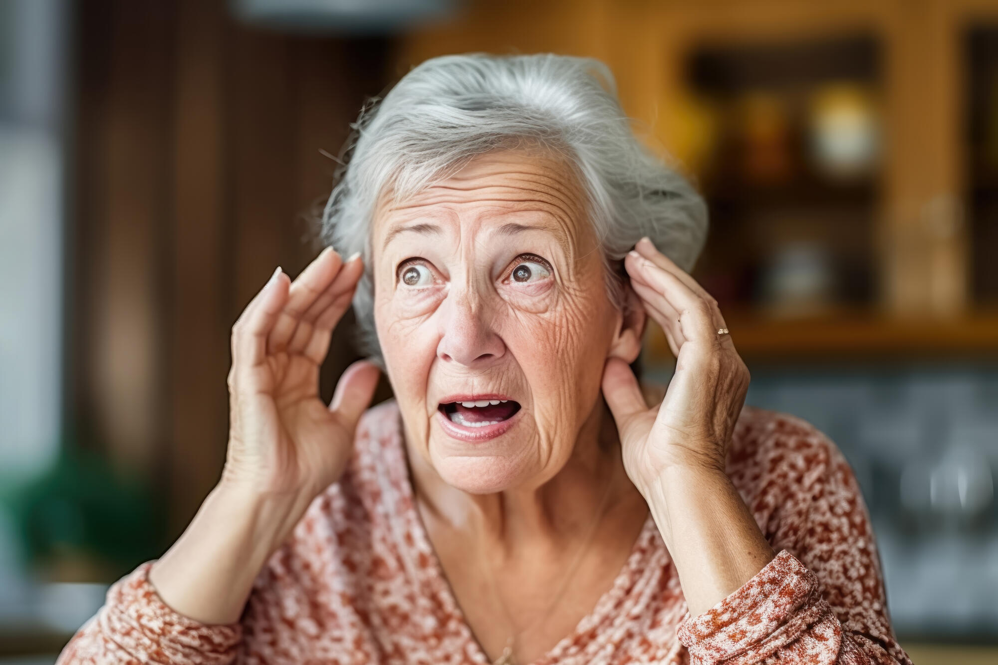 Addressing Hearing Problems: Gray Haired Elderly Woman Seeking Solutions Generative AI