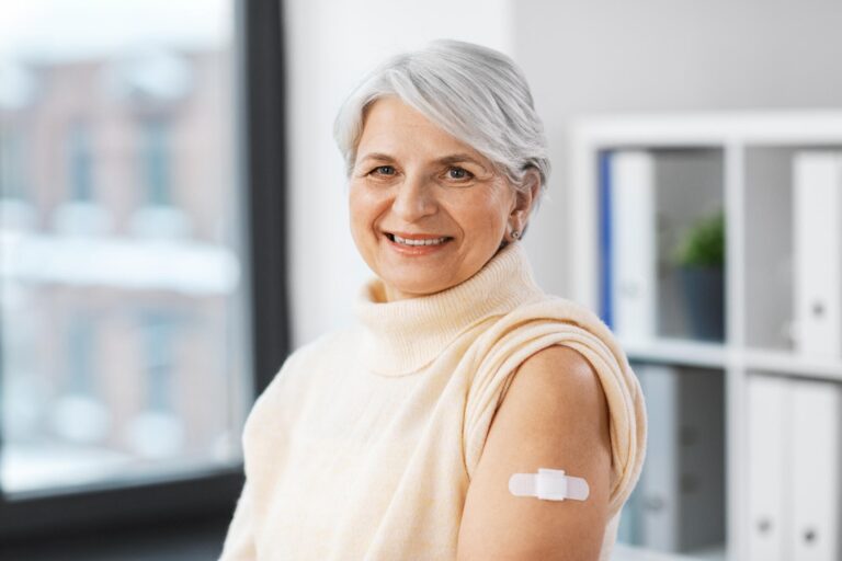 Medicine,,Health,And,Vaccination,Concept, ,Happy,Smiling,Vaccinated,Senior