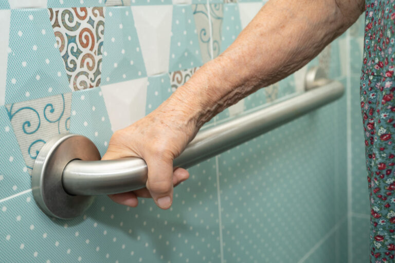 Asian elderly woman patient use toilet bathroom handle security