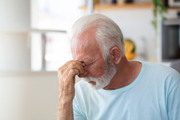 Tired, depressed senior man sitting on couch in living room feeling hurt and lonely. Aged, white haired man touching forehead suffering from severe headache or recalling bad memories