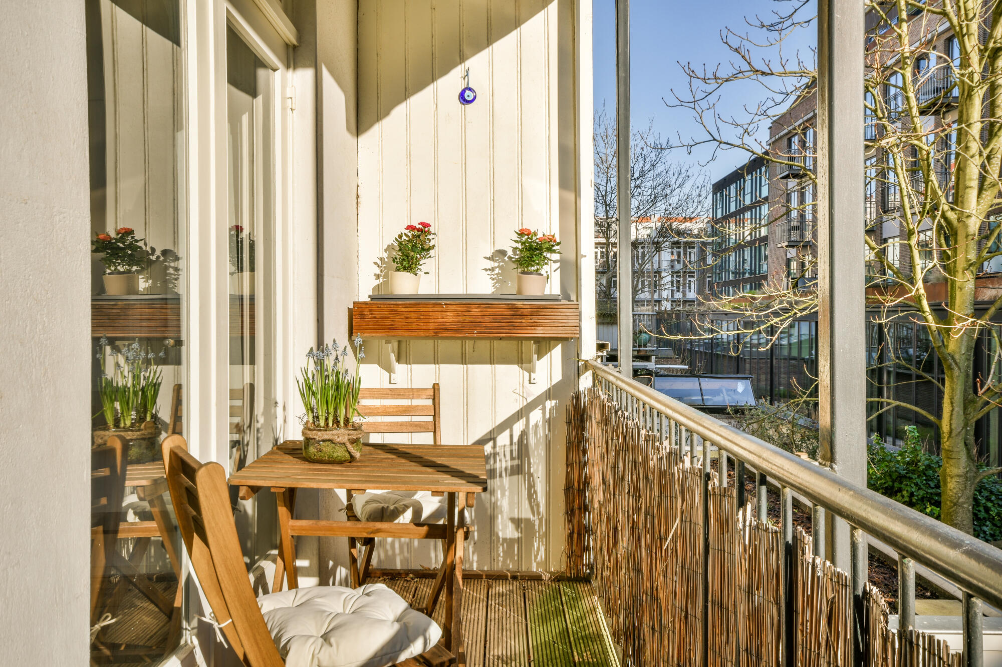 Panoramic view of brick buildings from balcony